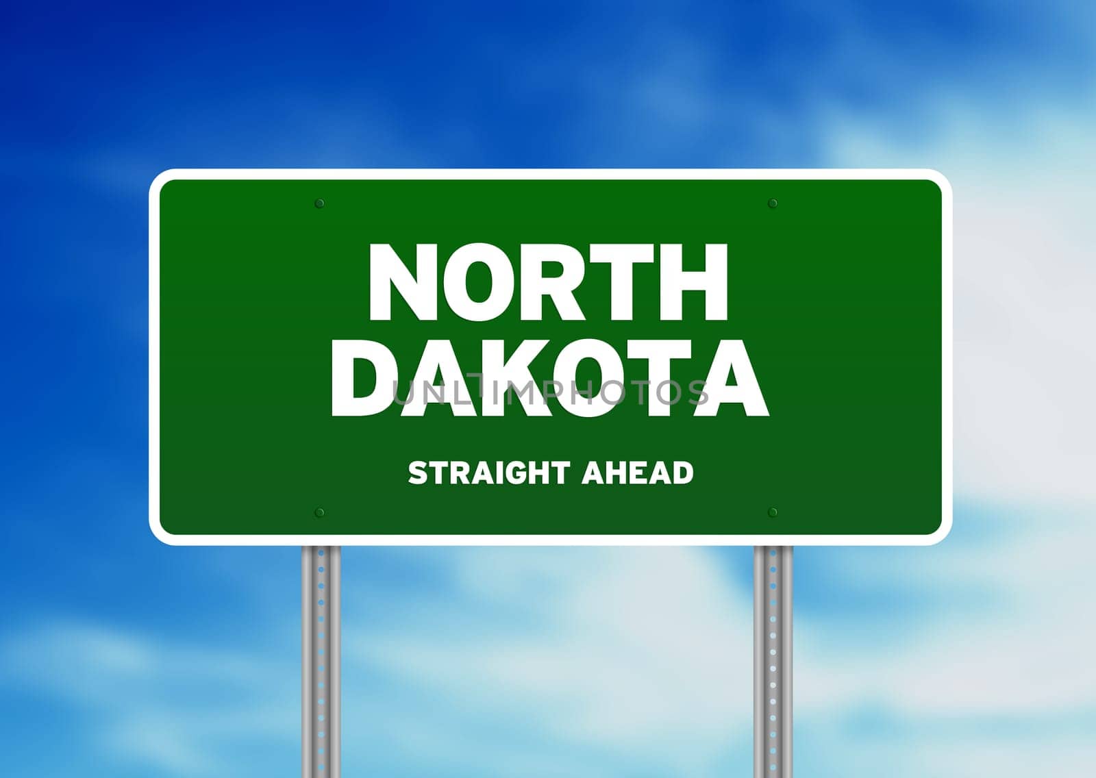 Green North Dakota, USA highway sign on Cloud Background.