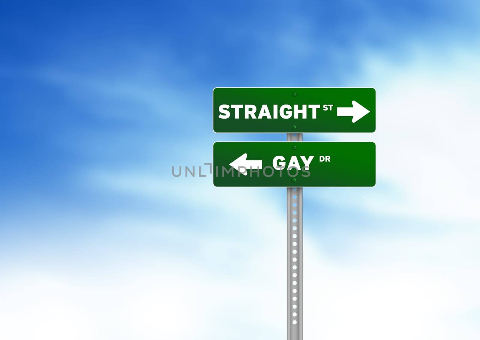 Green Straight and Gay Road Sign on Cloud Background