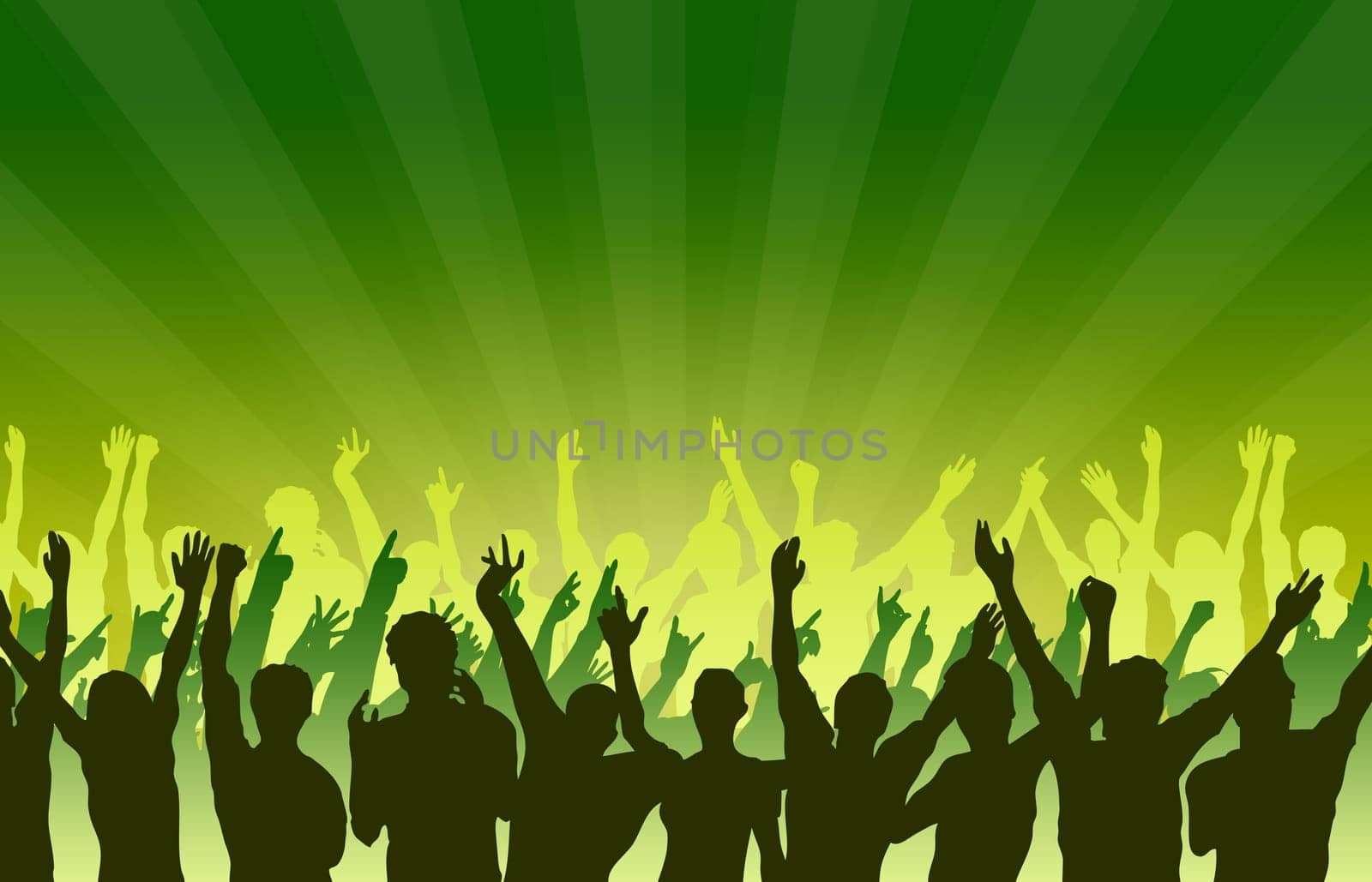 High resolution graphic of a large crowd cheering and dancing.