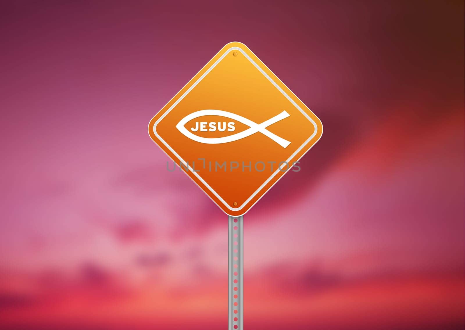 High resolution graphic of a orange Religious Road Sign on Cloud Background.