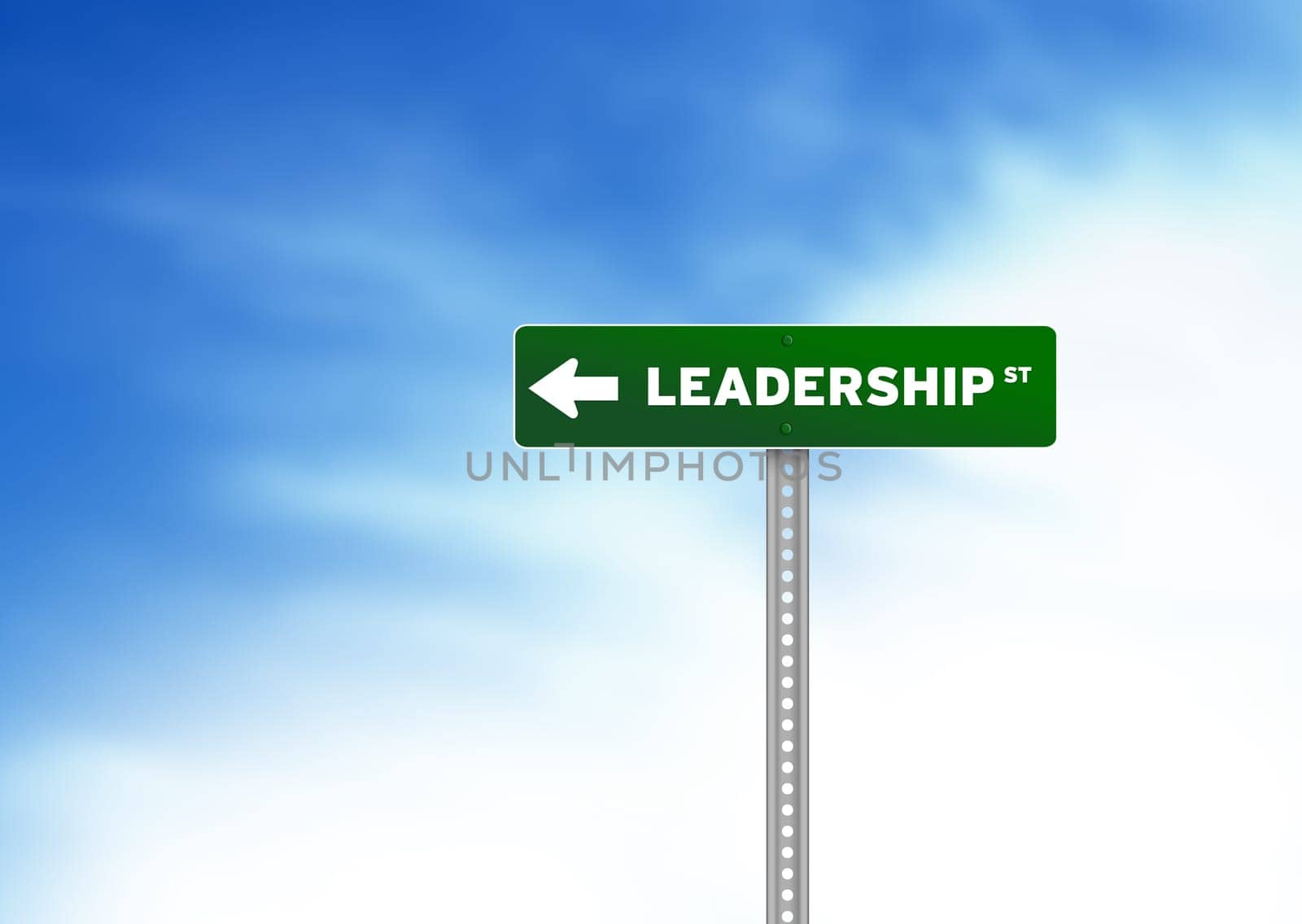 High resolution graphic green Leadership Road Signs on Cloud Background