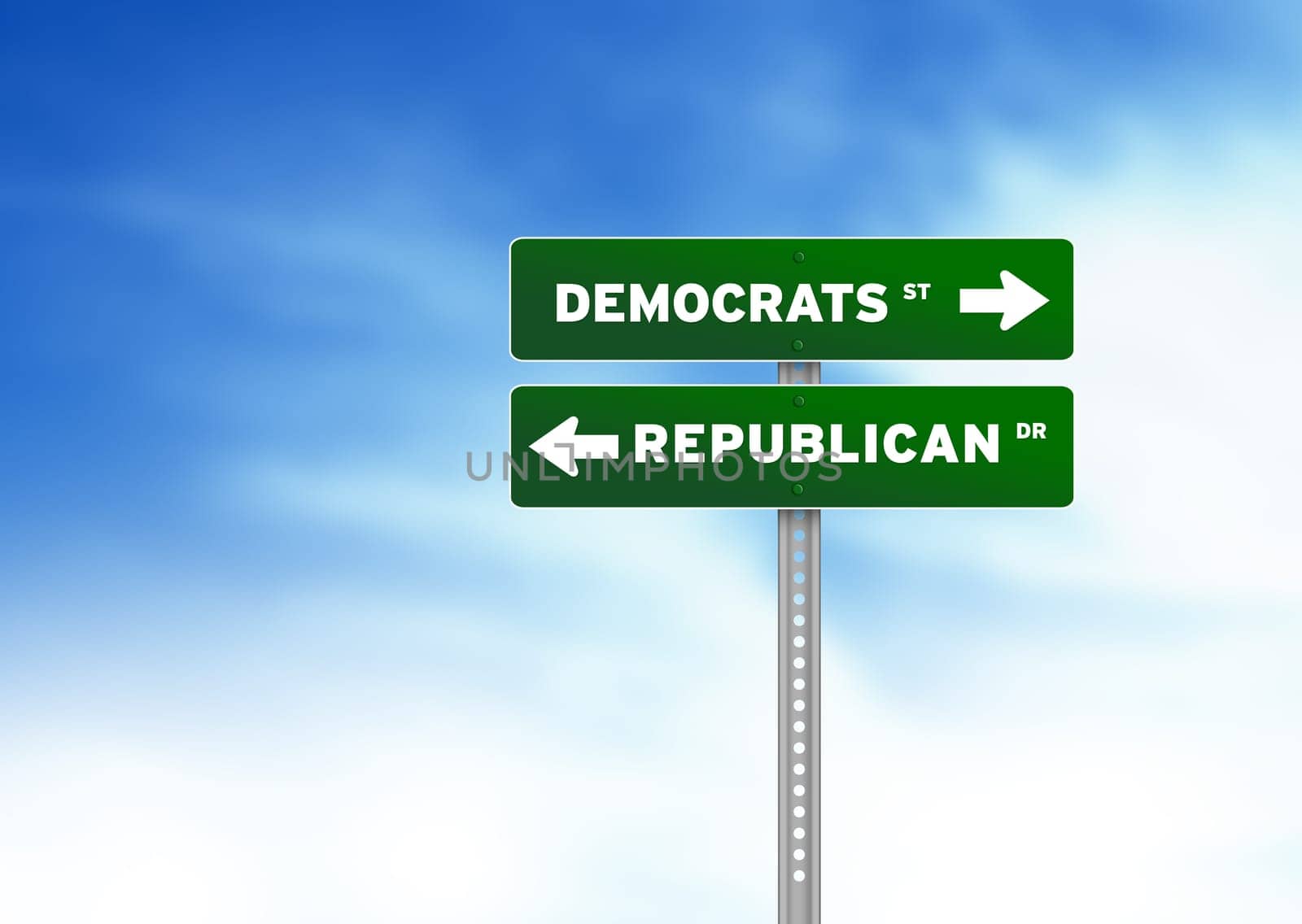Green Democrats and Republican Road Sign on Cloud Background