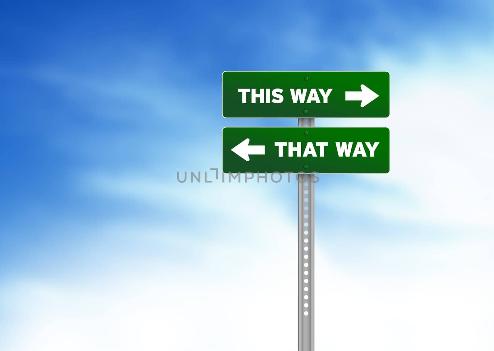 Green this way, that way road sign on Cloud Background.