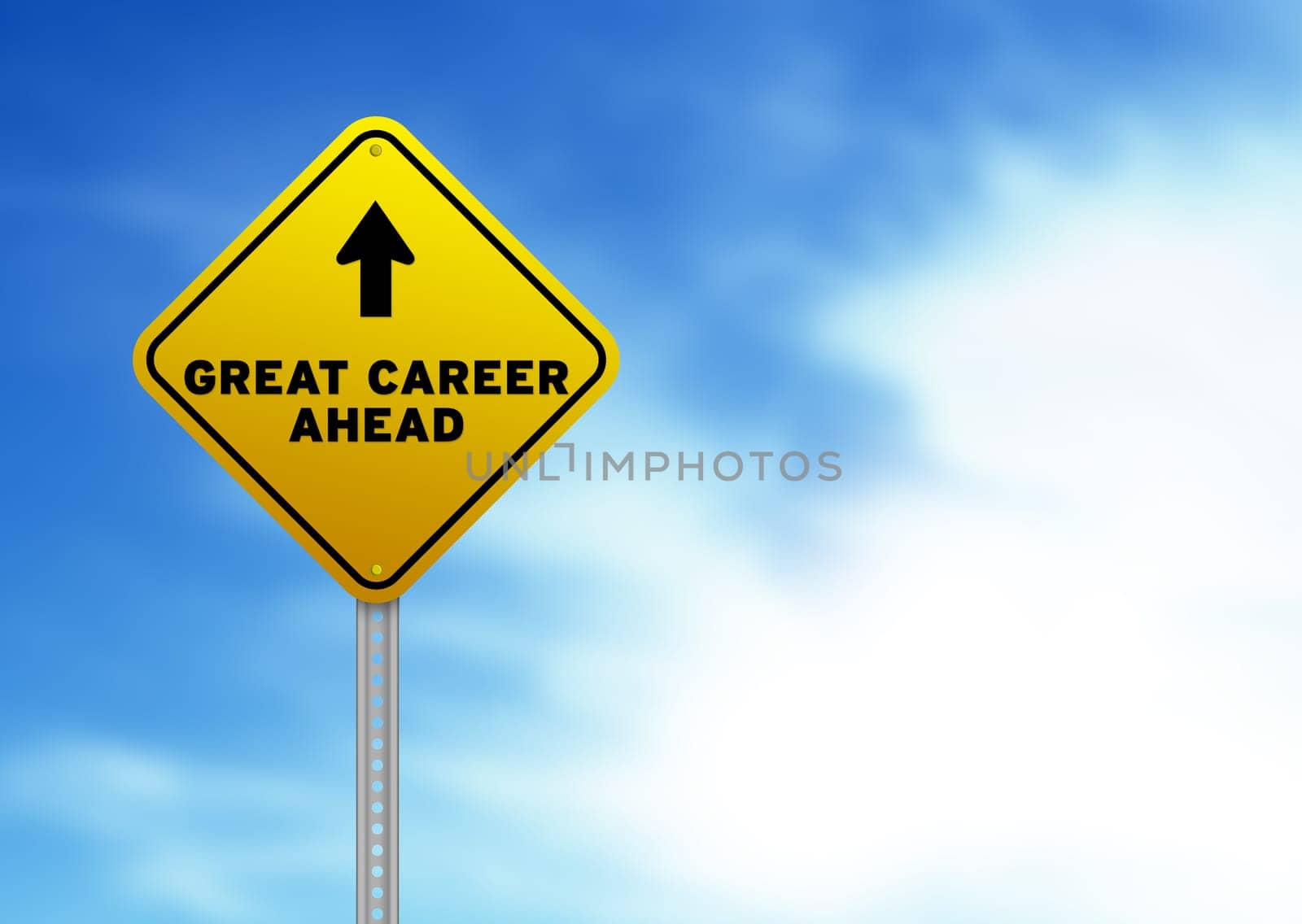 High resolution graphic of a yellow Great Career Ahead Road Sign on Cloud Background.