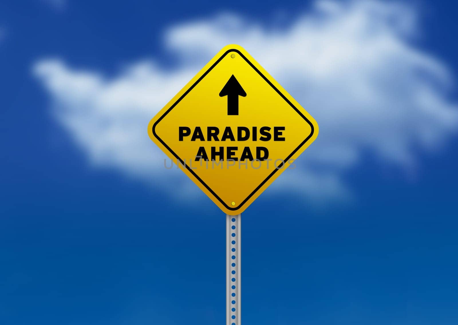 High resolution graphic of a yellow Paradise Ahead Road Sign on Cloud Background.