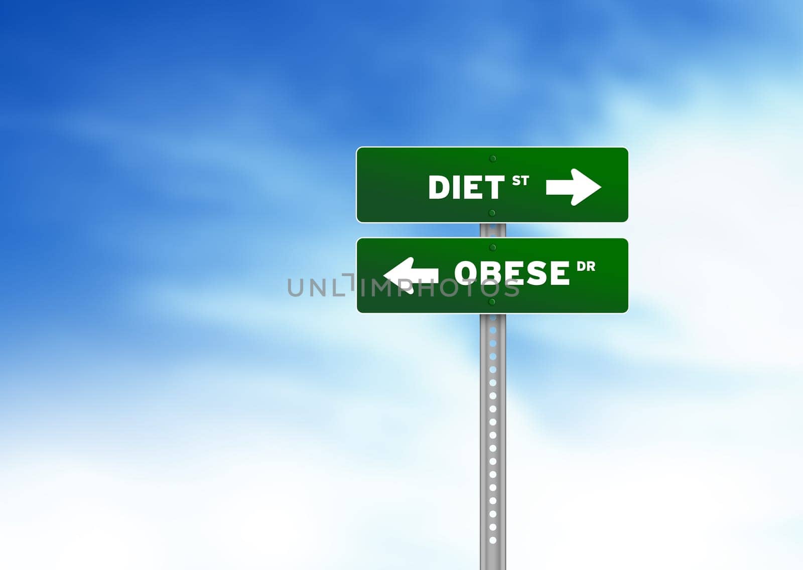 Green Diet and Obese Road Sign on Cloud Background