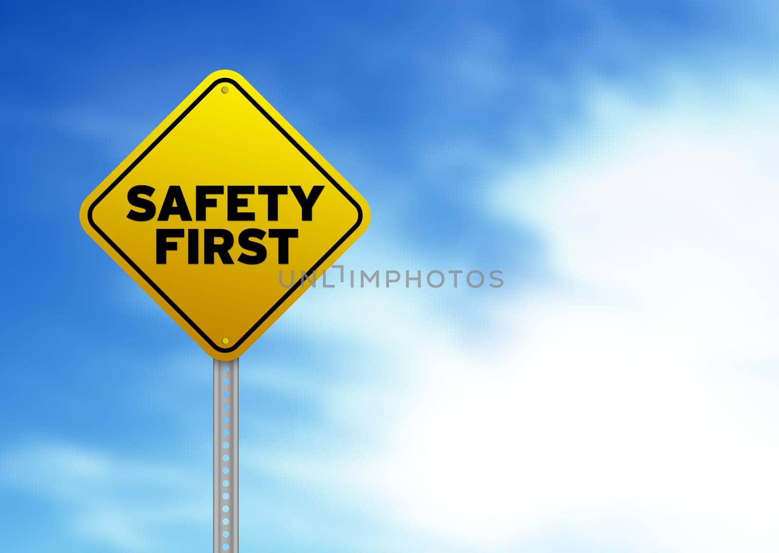 High resolution graphic of a yellow Safety First Road Sign on Cloud Background.