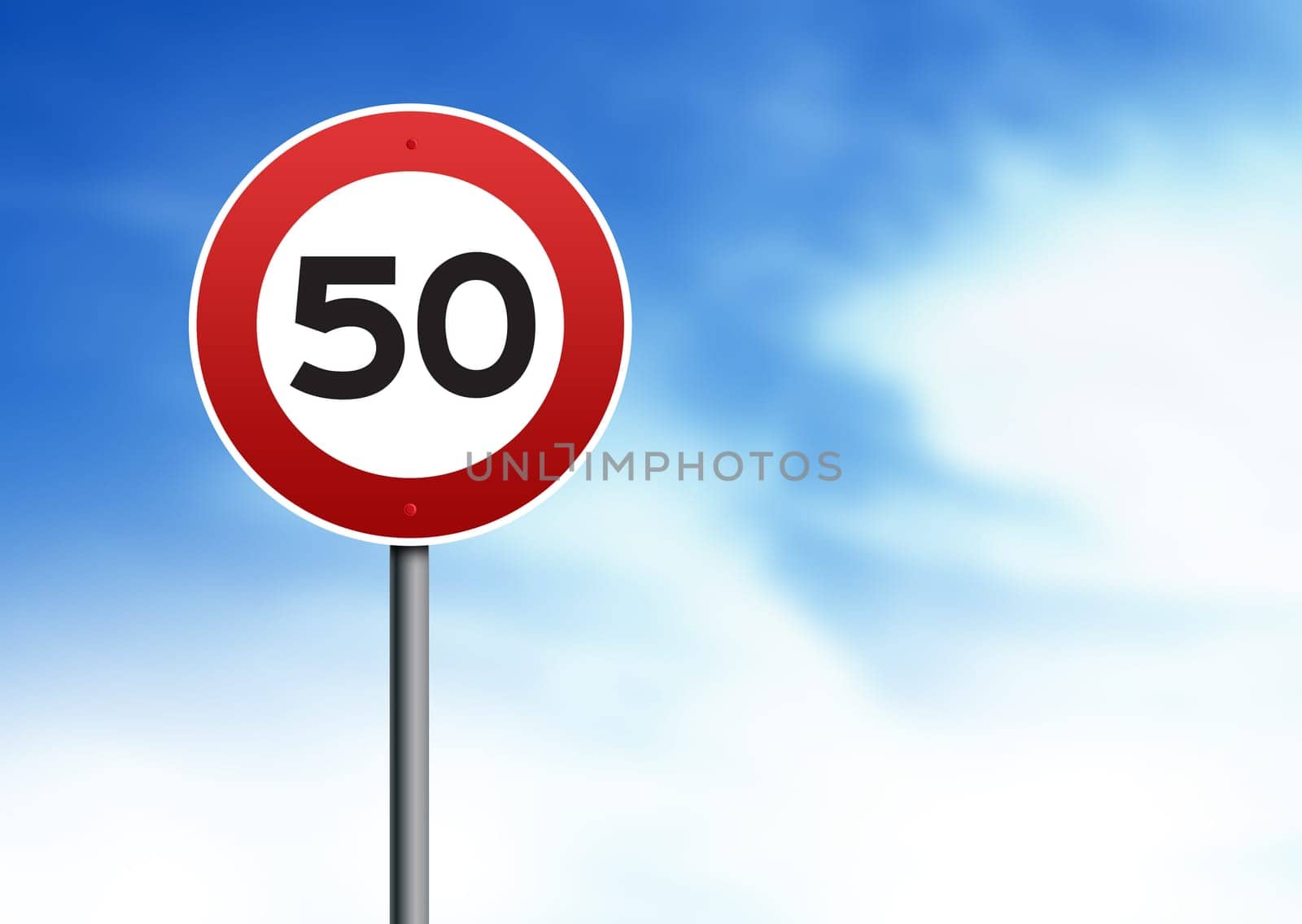 50kmh speed restriction road sign on cloud background.