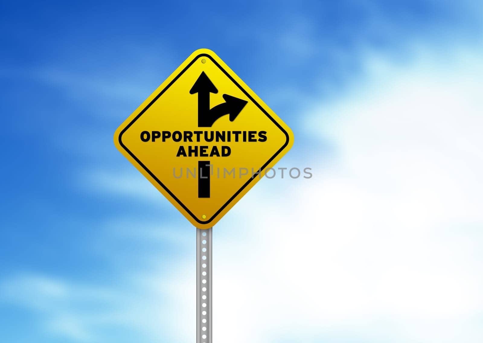 High resolution graphic of a yellow Opportunities Ahead Road Sign on Cloud Background.