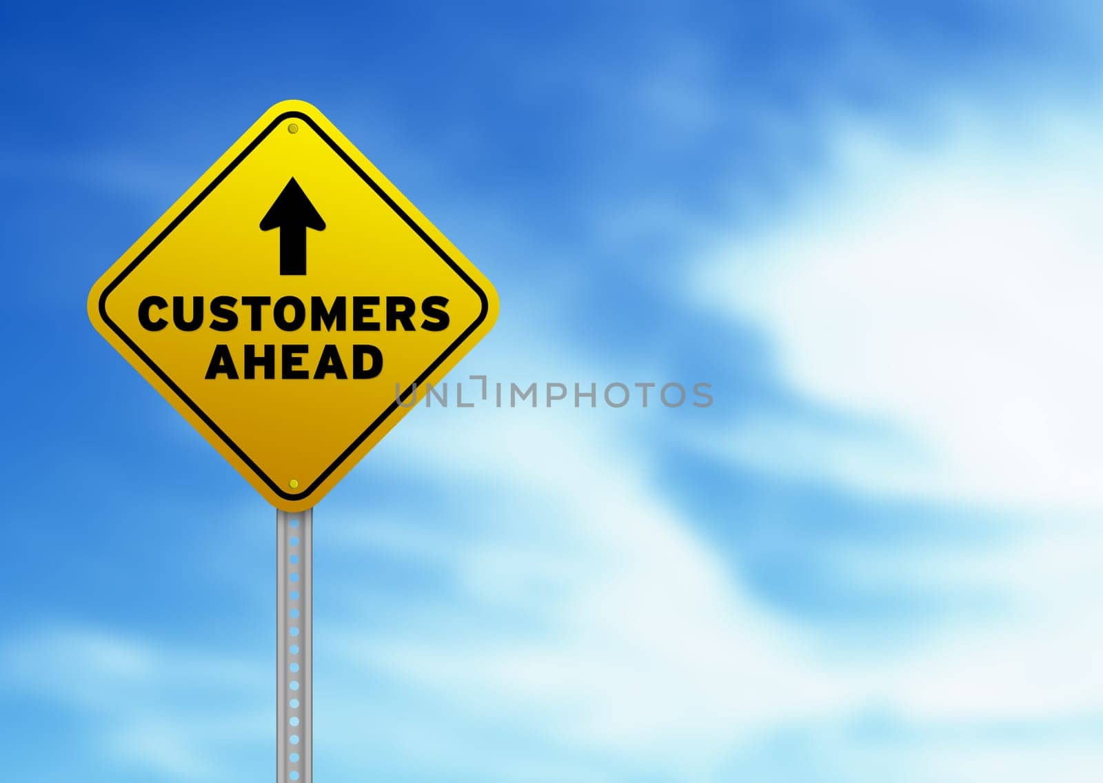 High resolution graphic of a yellow Customers Ahead Road Sign on Cloud Background.