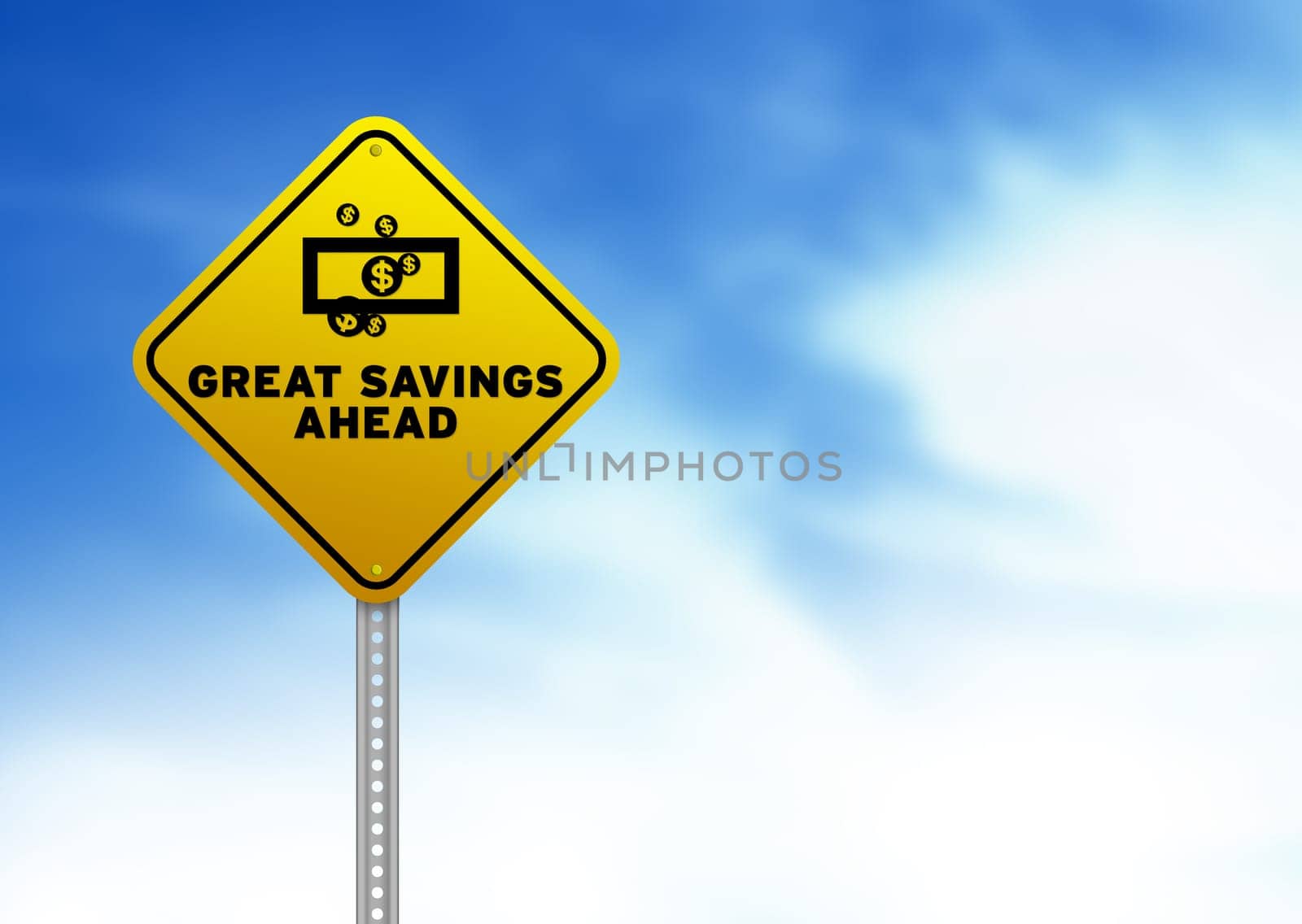 High resolution graphic of a yellow Great Savings Ahead Road Sign on Cloud Background.