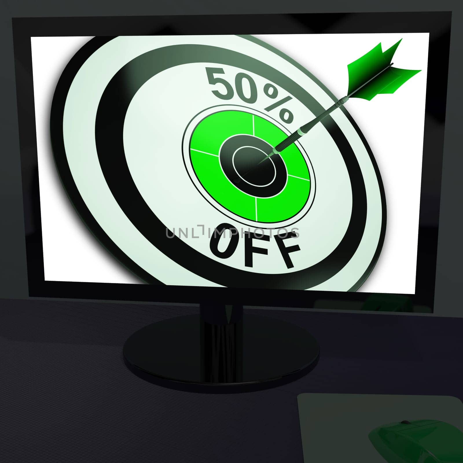 Fifty Percent Off On Monitor Showing Special Discounts And Sales