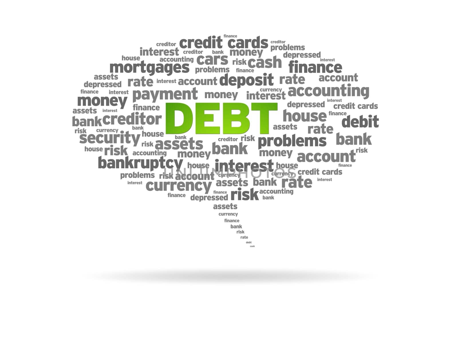 Speech bubble with the word Debt on white background.