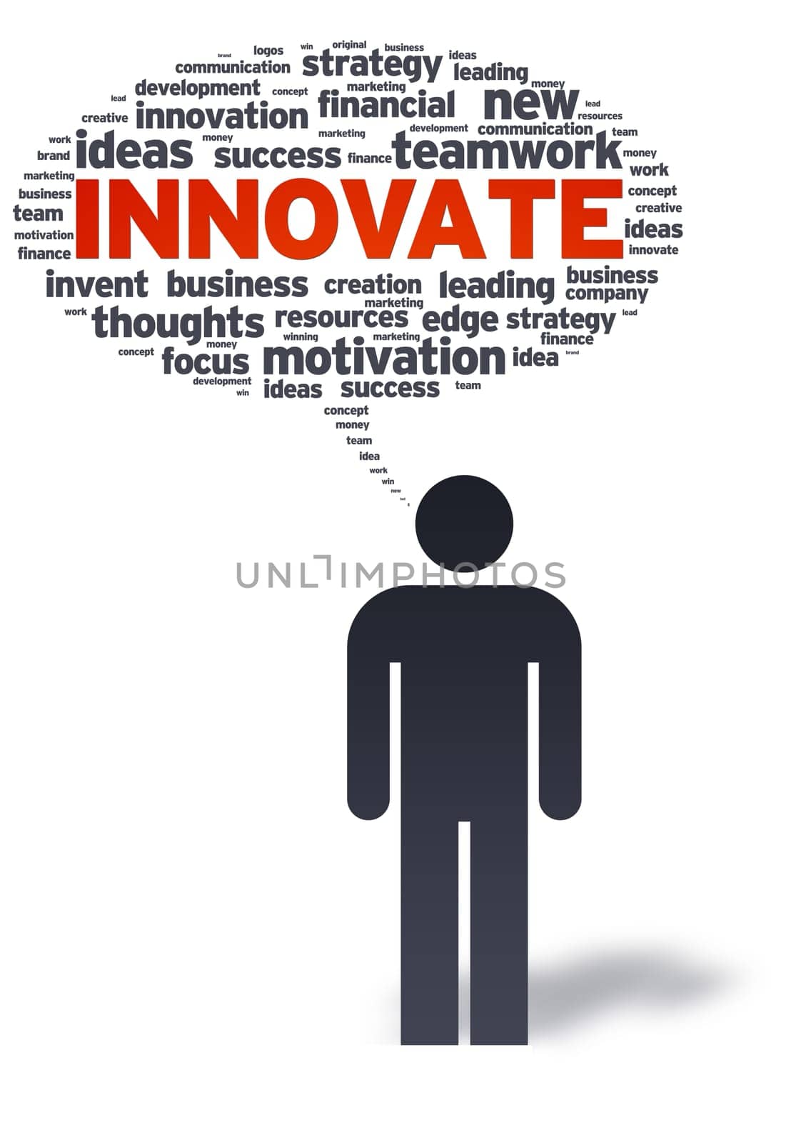 Paper man with innovate bubble on white background.