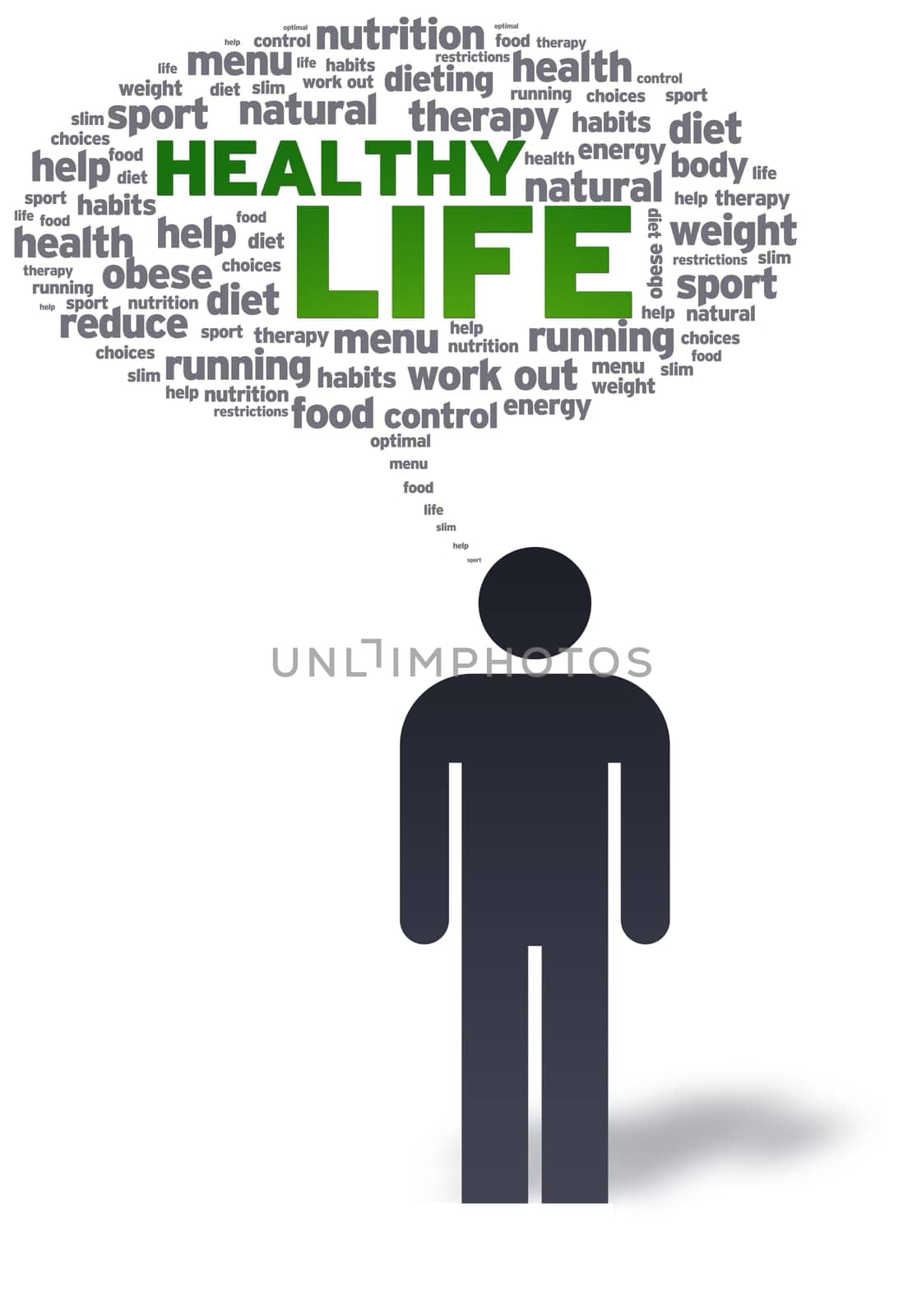Paper man with healthy life bubble on white background.