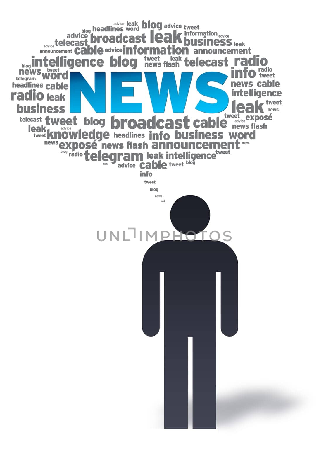 Paper man with news bubble on white background.