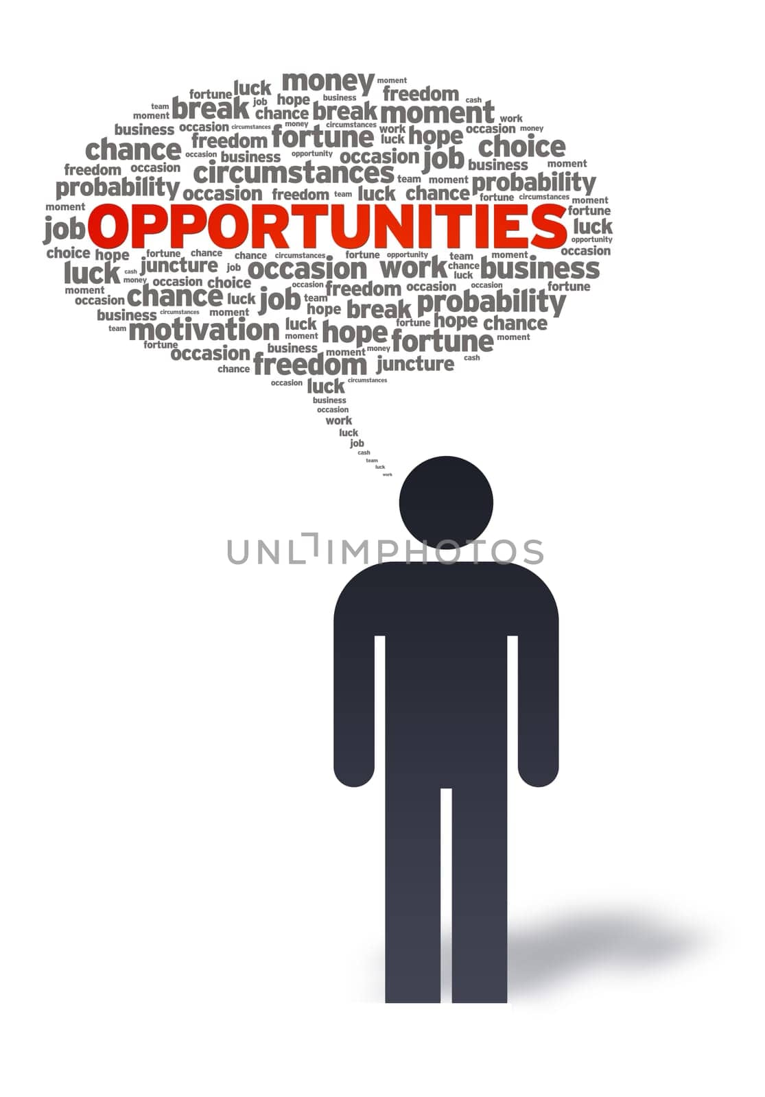 Paper man with opportunities speech bubble on white background.