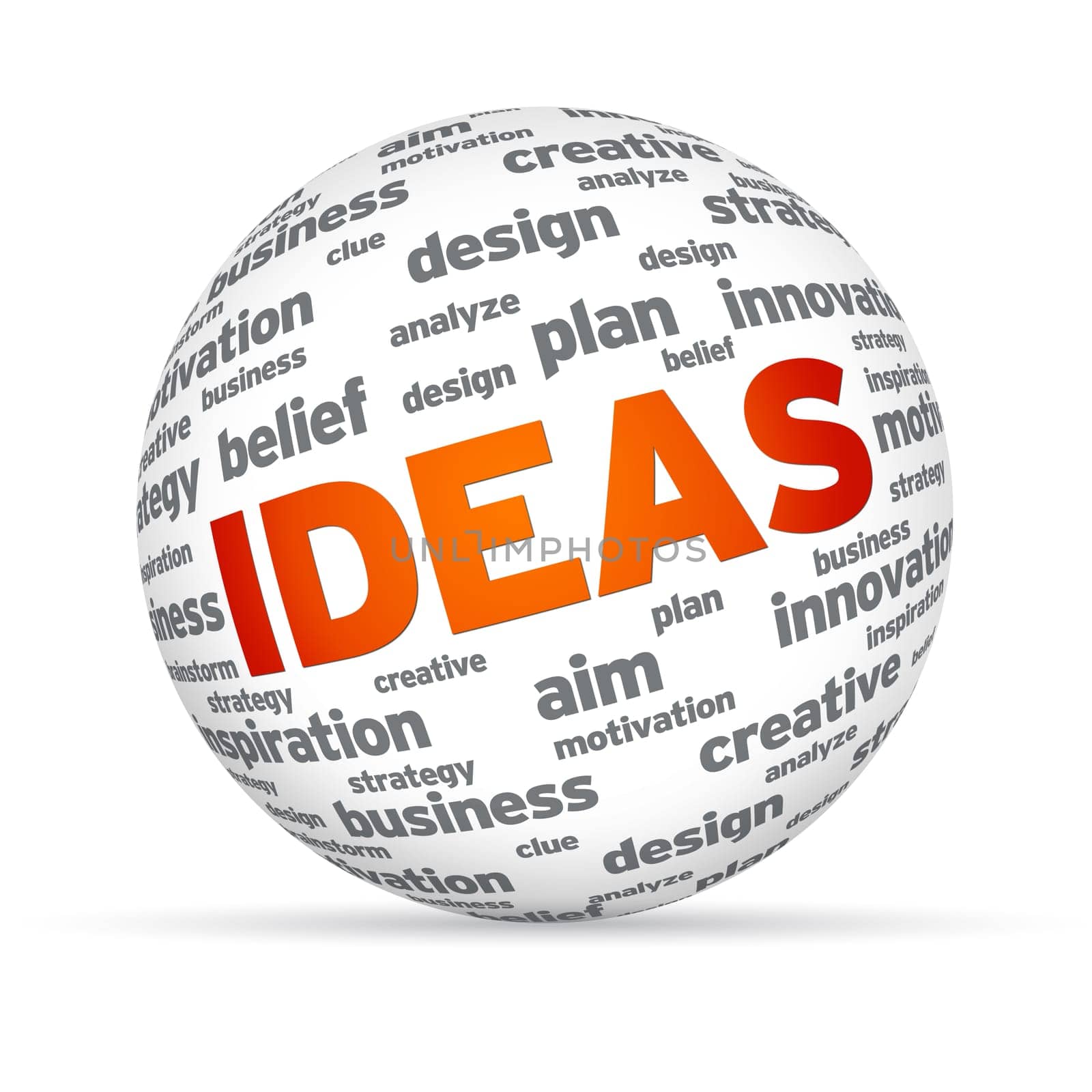 Sphere with the word Ideas on white background.