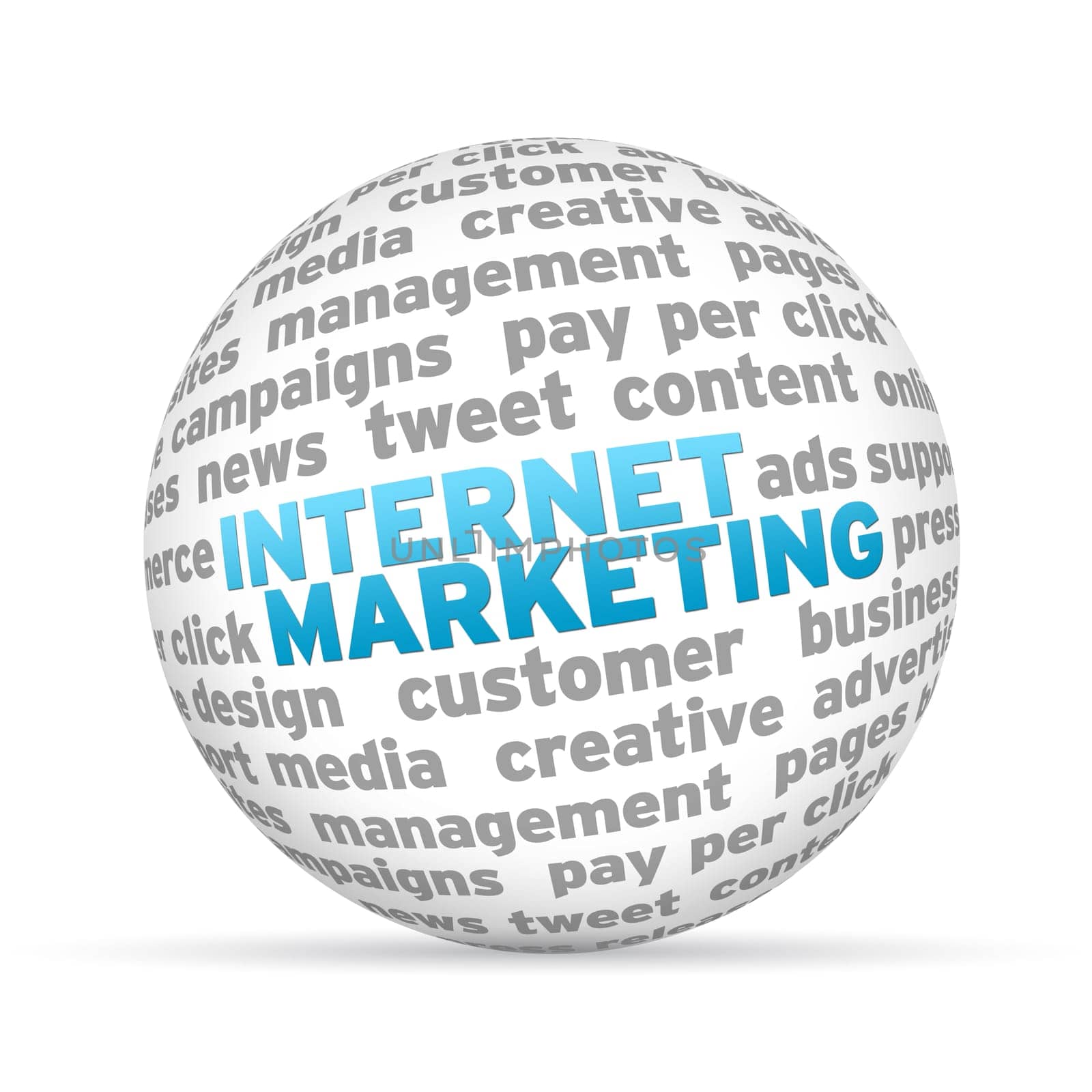 3D sphere with the word internet Marketing on white background.