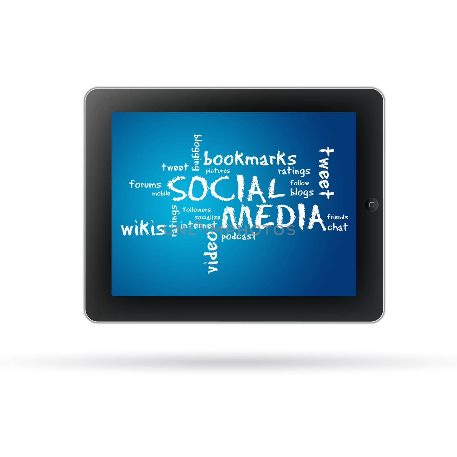 Social Media Tablet PC with words and text on white background.