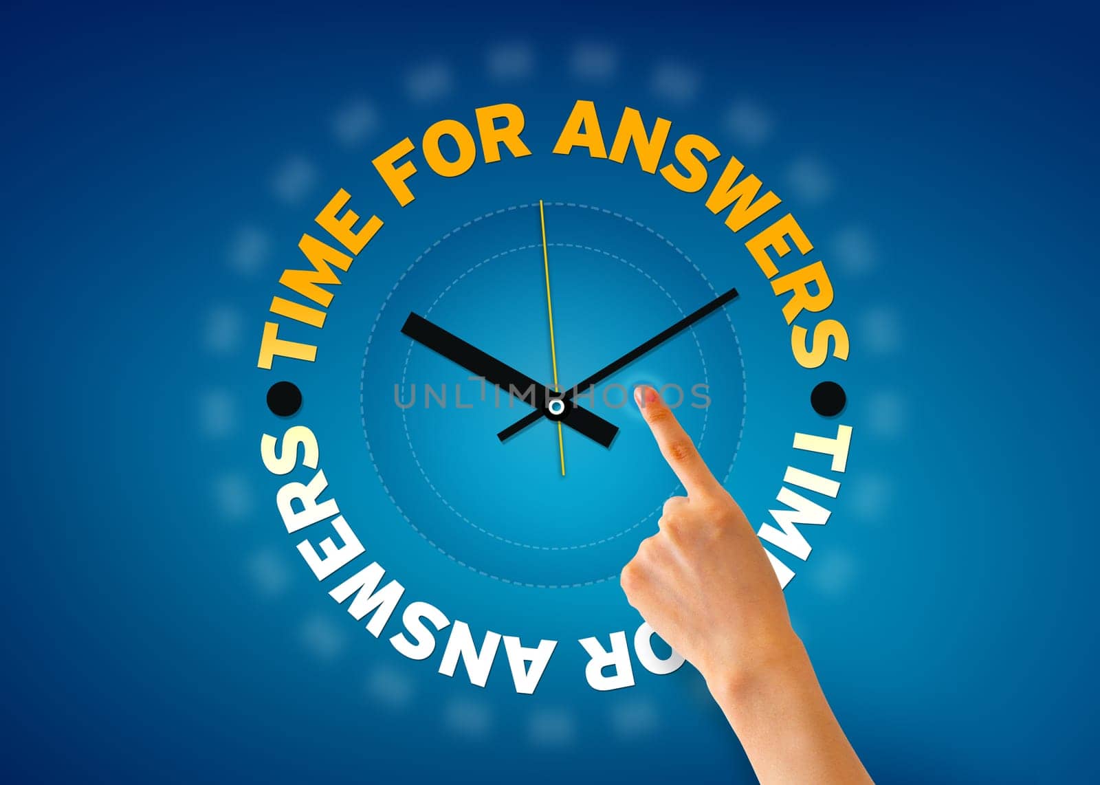 Hand pointing at a Time for Answers clock illustration on blue background.