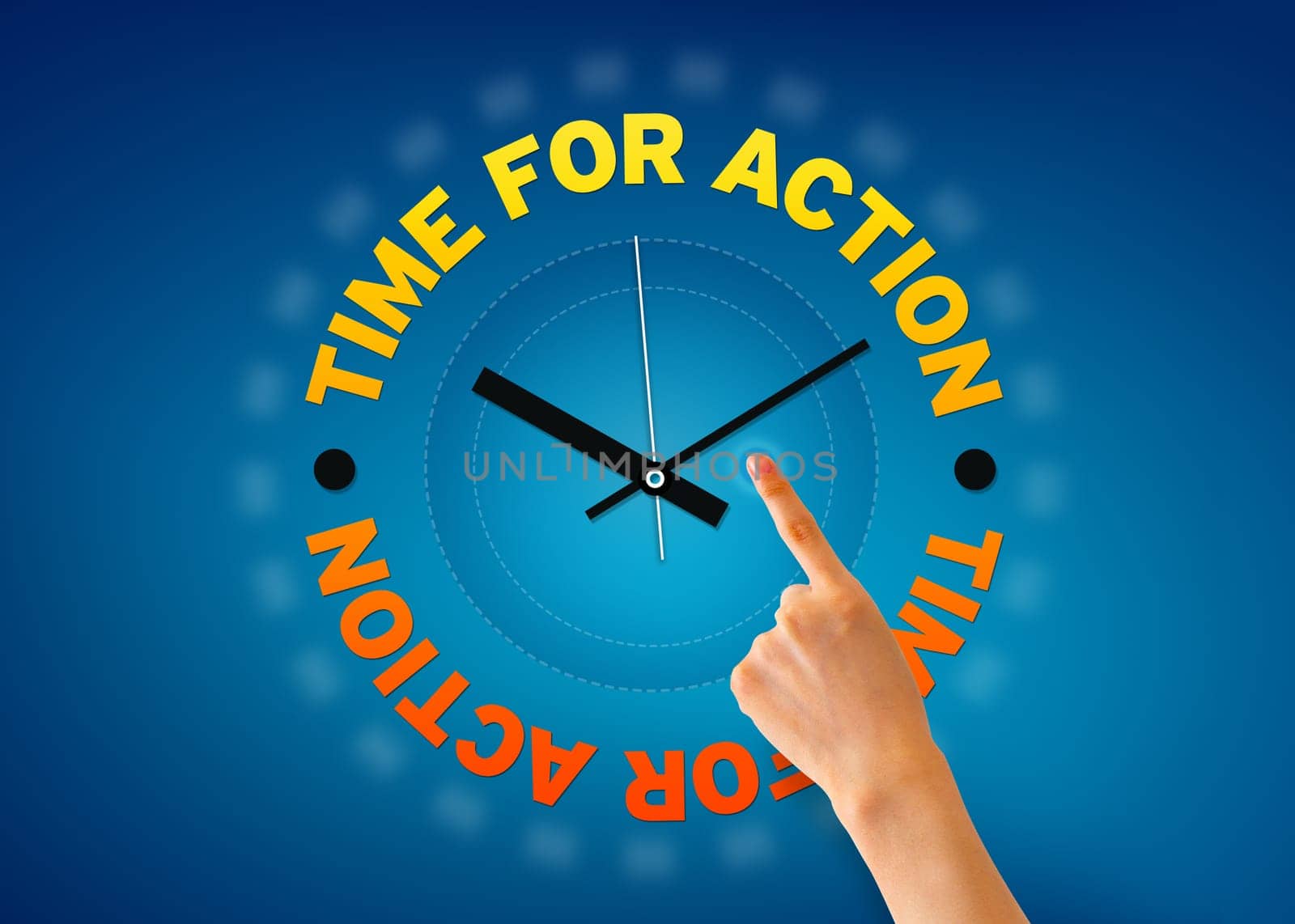 Hand pointing at a Time for Action clock on blue background.
