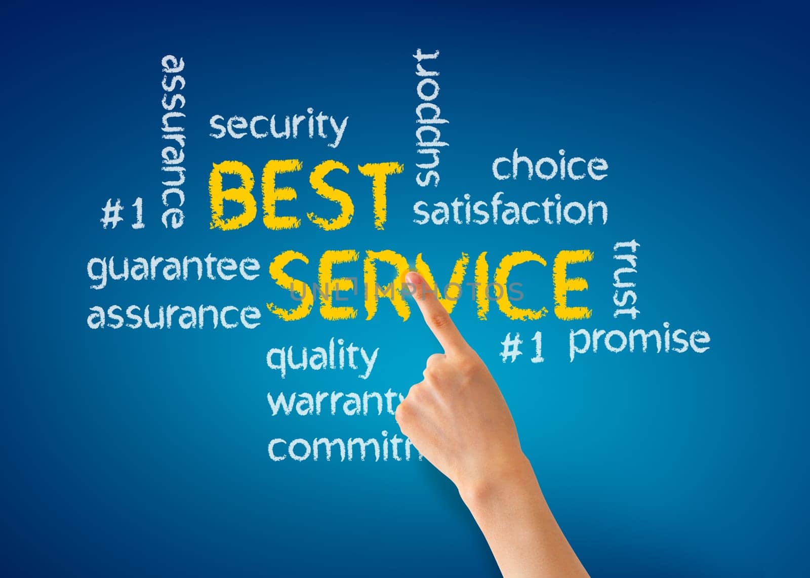 Hand pointing at a Best Service word illustration on blue background.