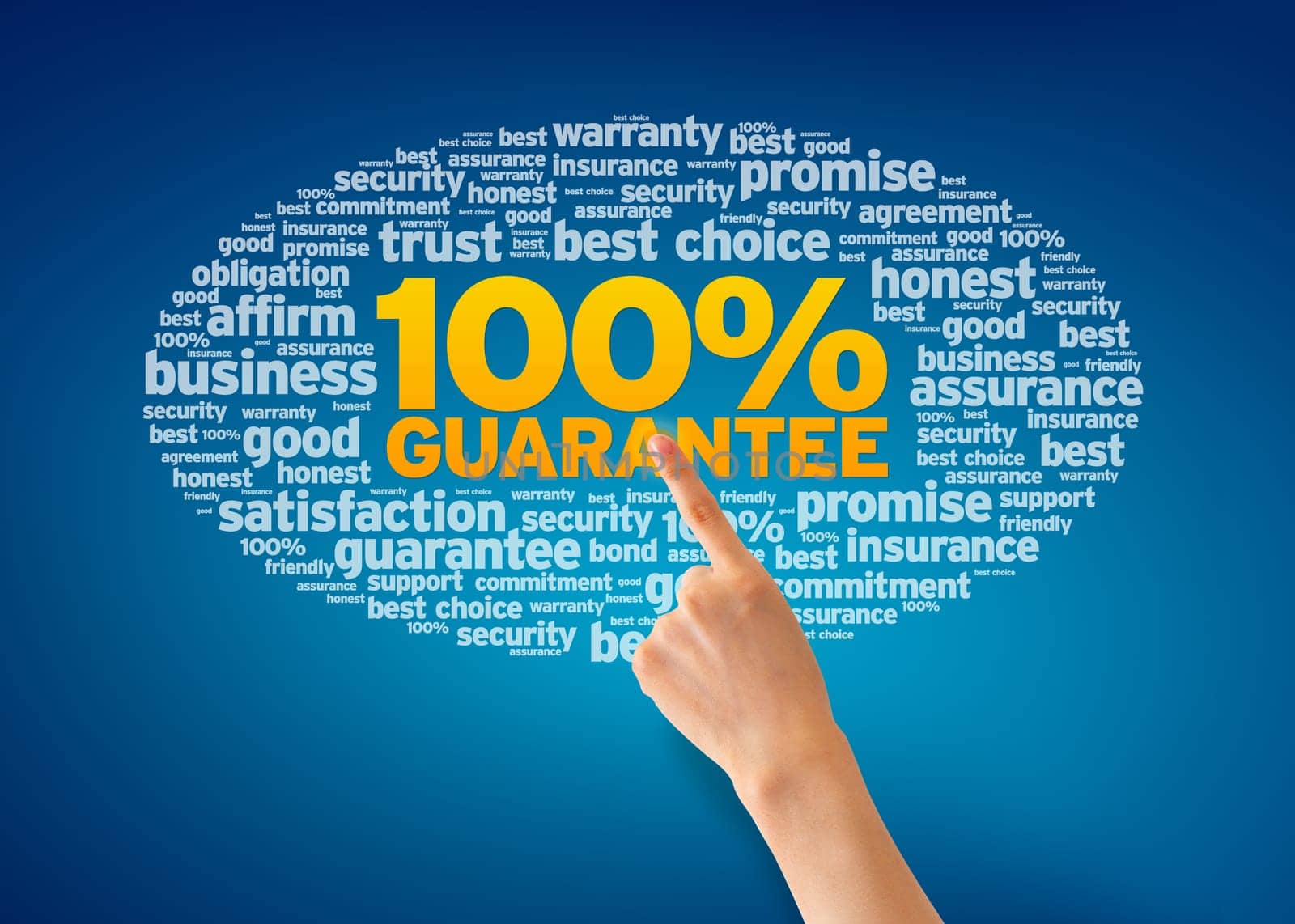 Hand pointing at a Gurantee Word Cloud on blue background.