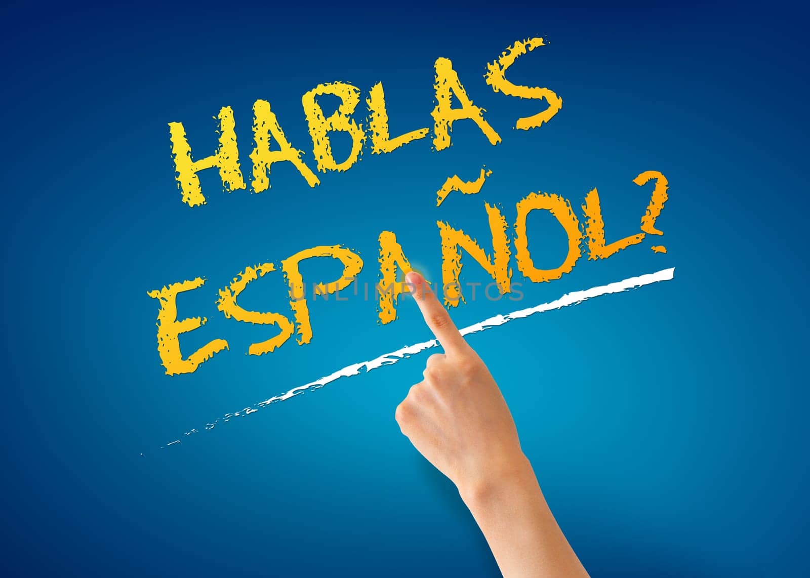 Finger pointing at a Hablas Espanol illustration on blue background.