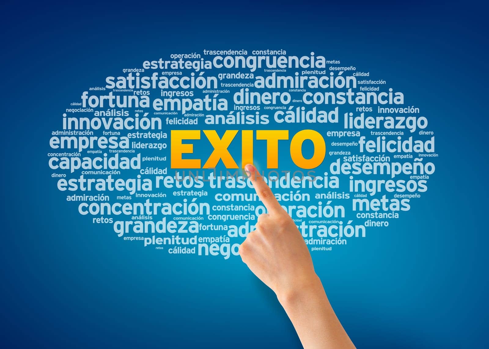 Hand pointing at a Success illustration on blue background.