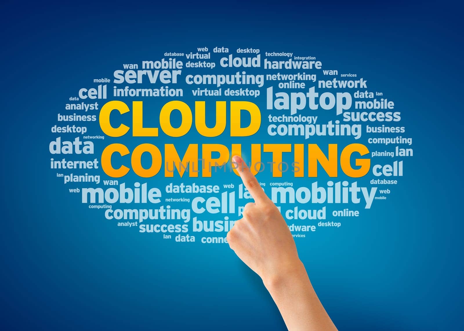 Hand pointing at a Cloud Computing Word Cloud on blue background.
