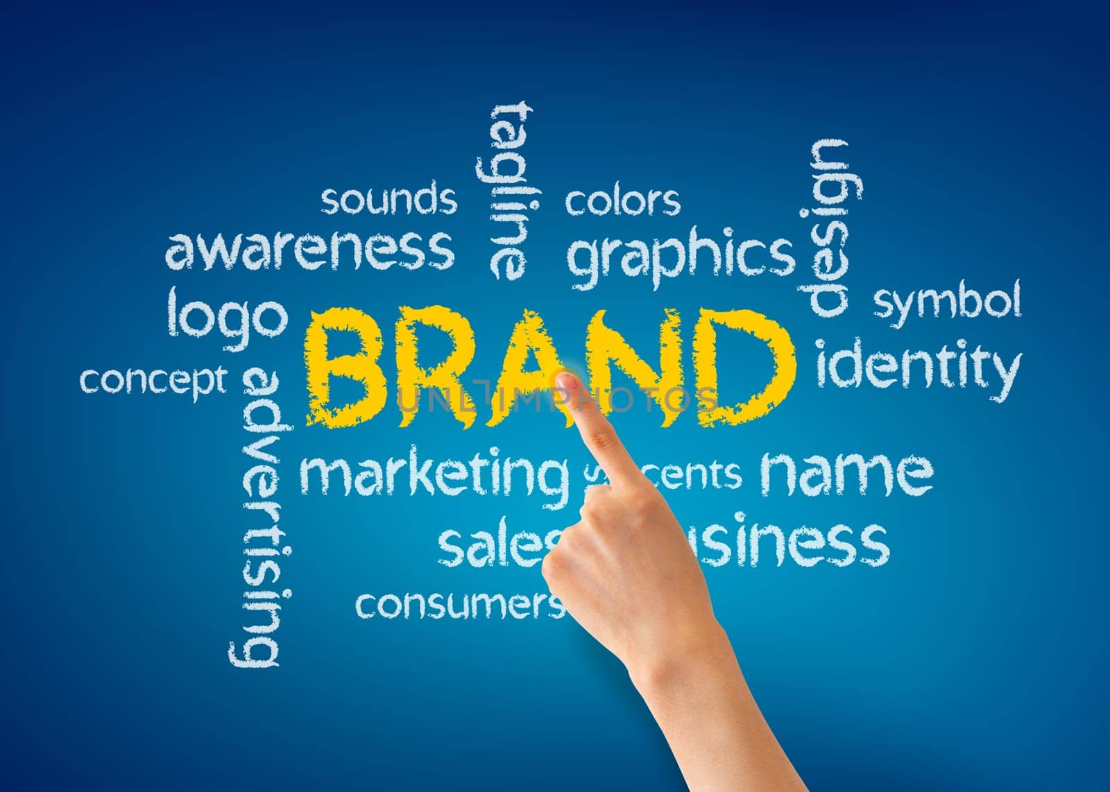 Hand pointing at a Brand illustration on blue background.