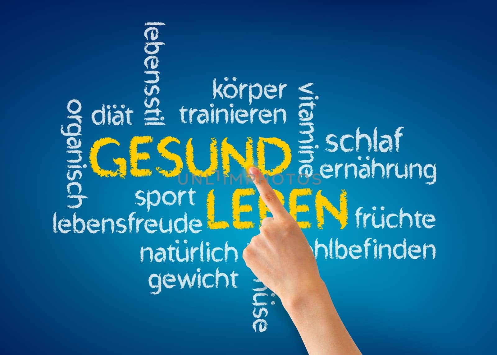 Hand pointing at a Gesund Leben word illustration on blue background.