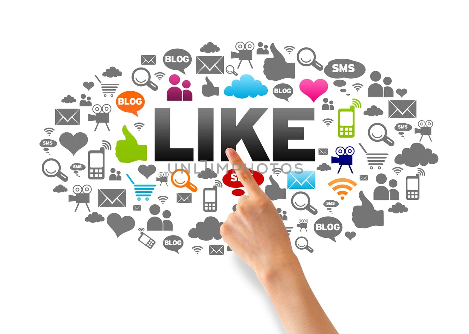 Hand pointing at a I Like Icon Cloud on white background.