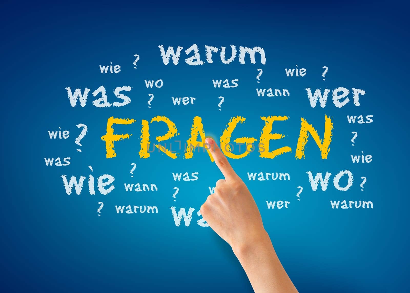 Hand pointing at a Fragen illustration on blue background.