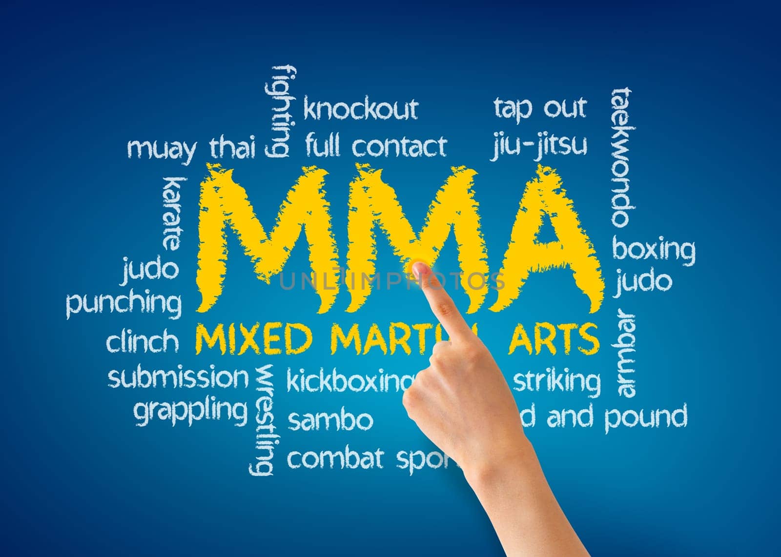 Hand pointing at a Mixed Martial Arts illustration on blue background.