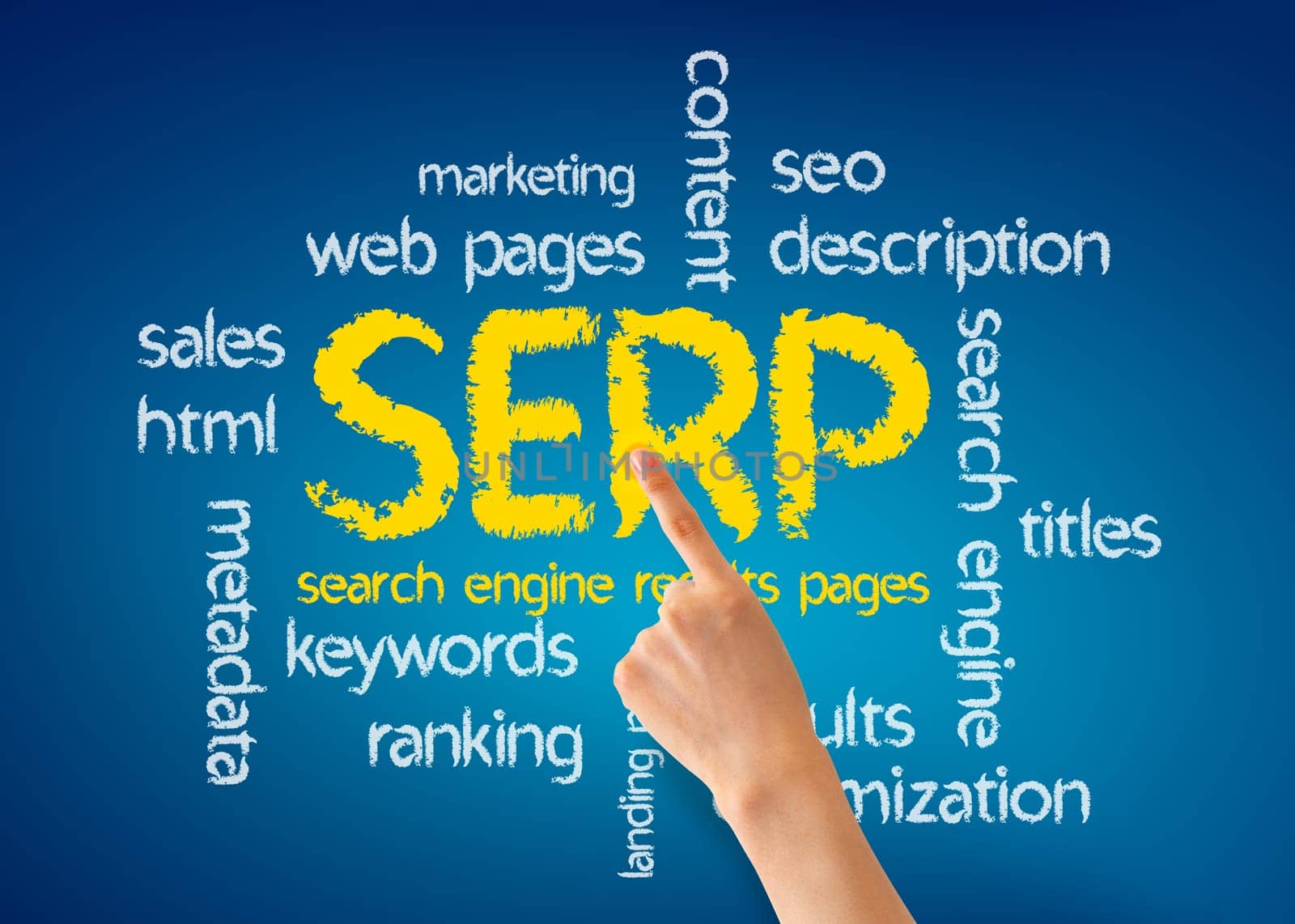 Hand pointing at a Search Engine Result Pages word illustration on blue background.