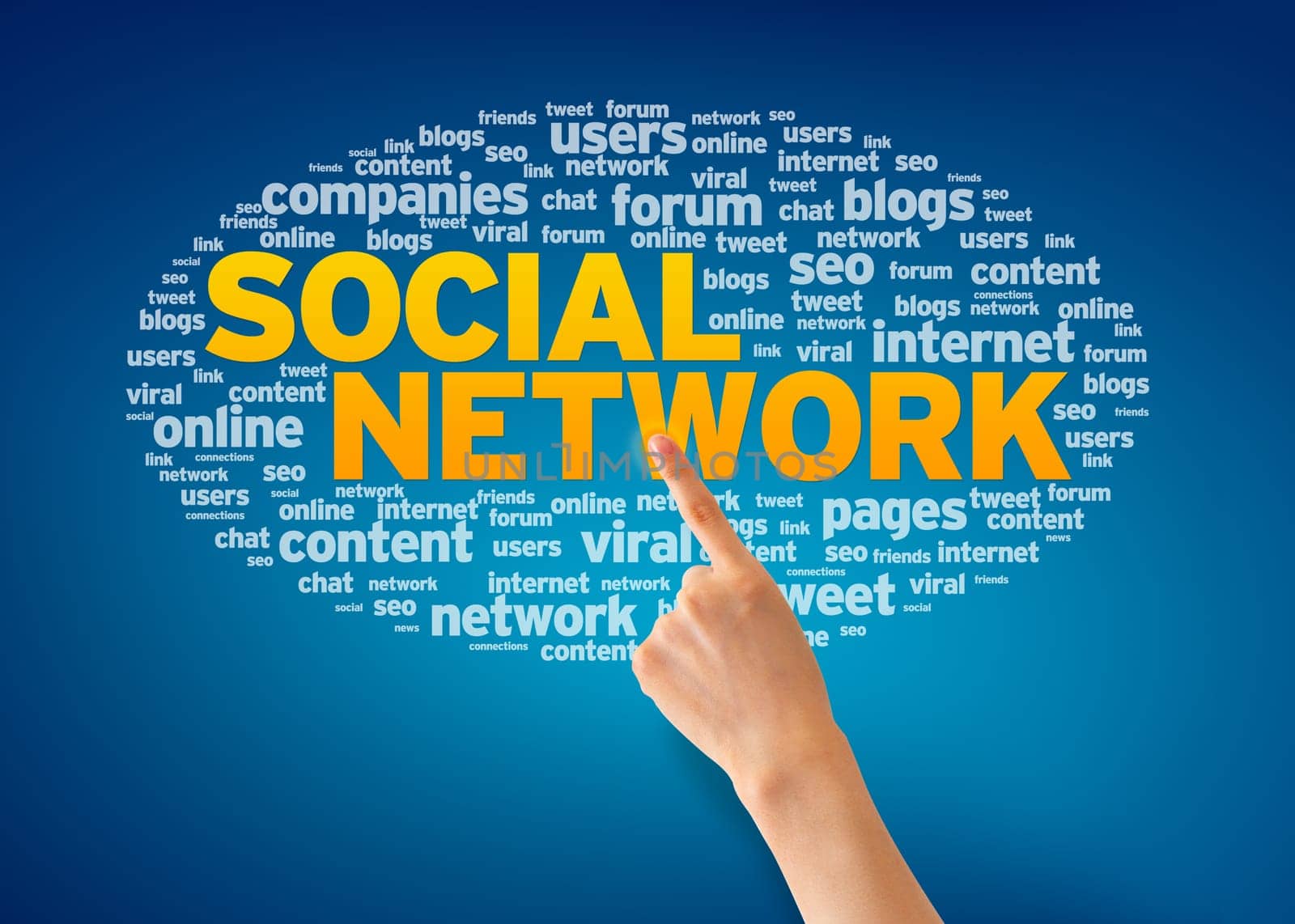 Hand pointing at a Social Network Word Cloud on blue background.