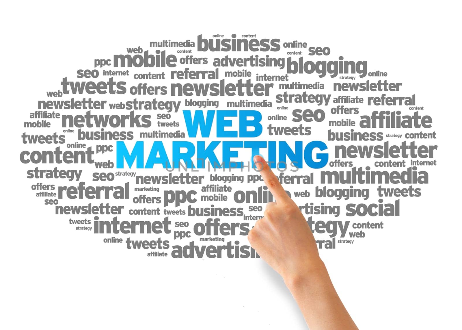 Hand pointing at a Web Marketing Word illustration on white background.