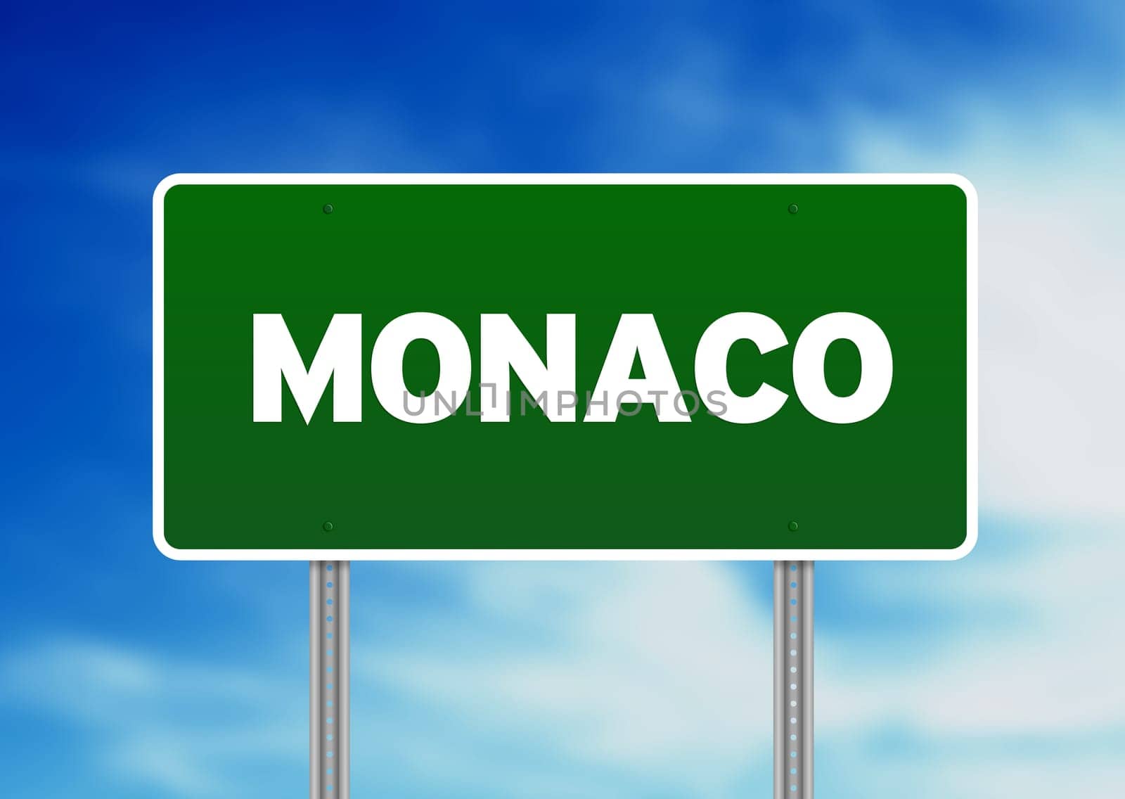 Green Monaco highway sign on Cloud Background.