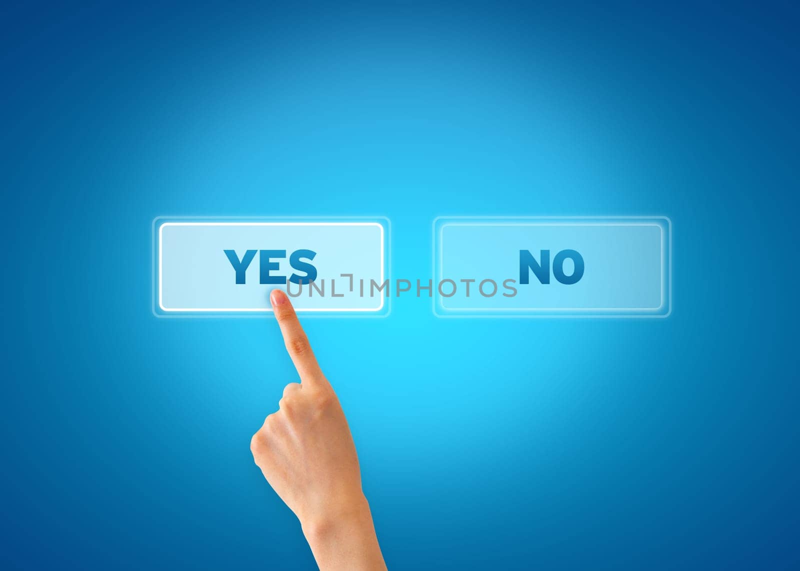 Hand pointing at an yes icon on blue background.