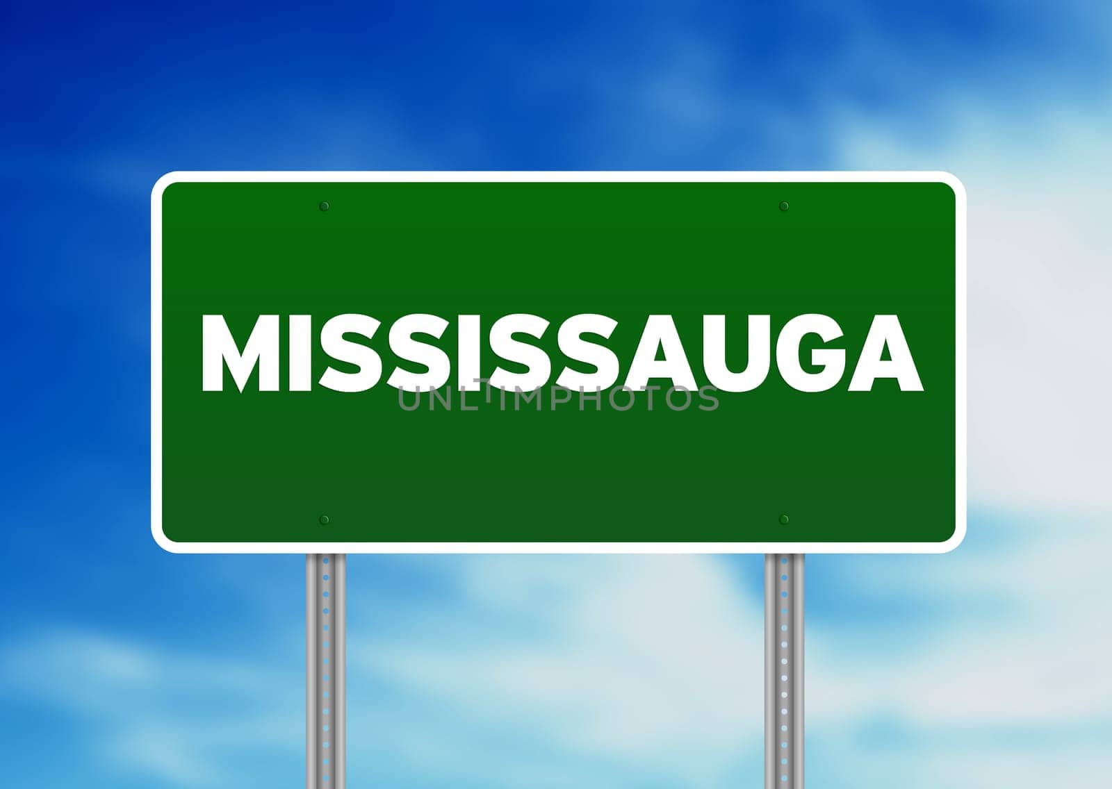 Green Mississauga raod sign on Cloud Background.