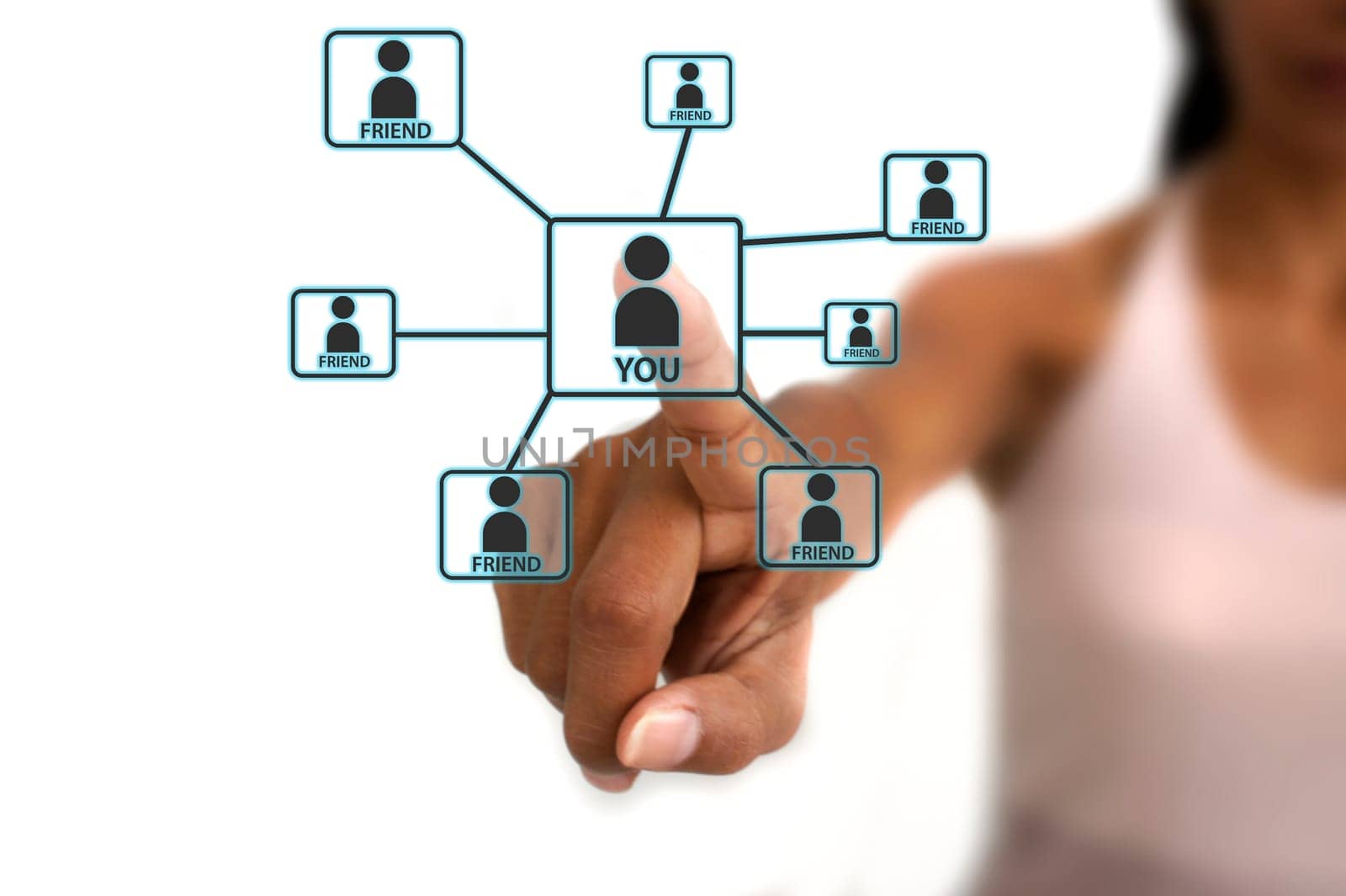 Female hand connecting several friends icons together.