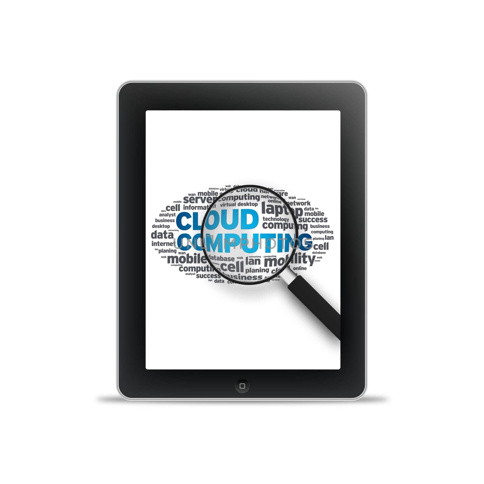 Tablet PC with cloud computing words on white background.