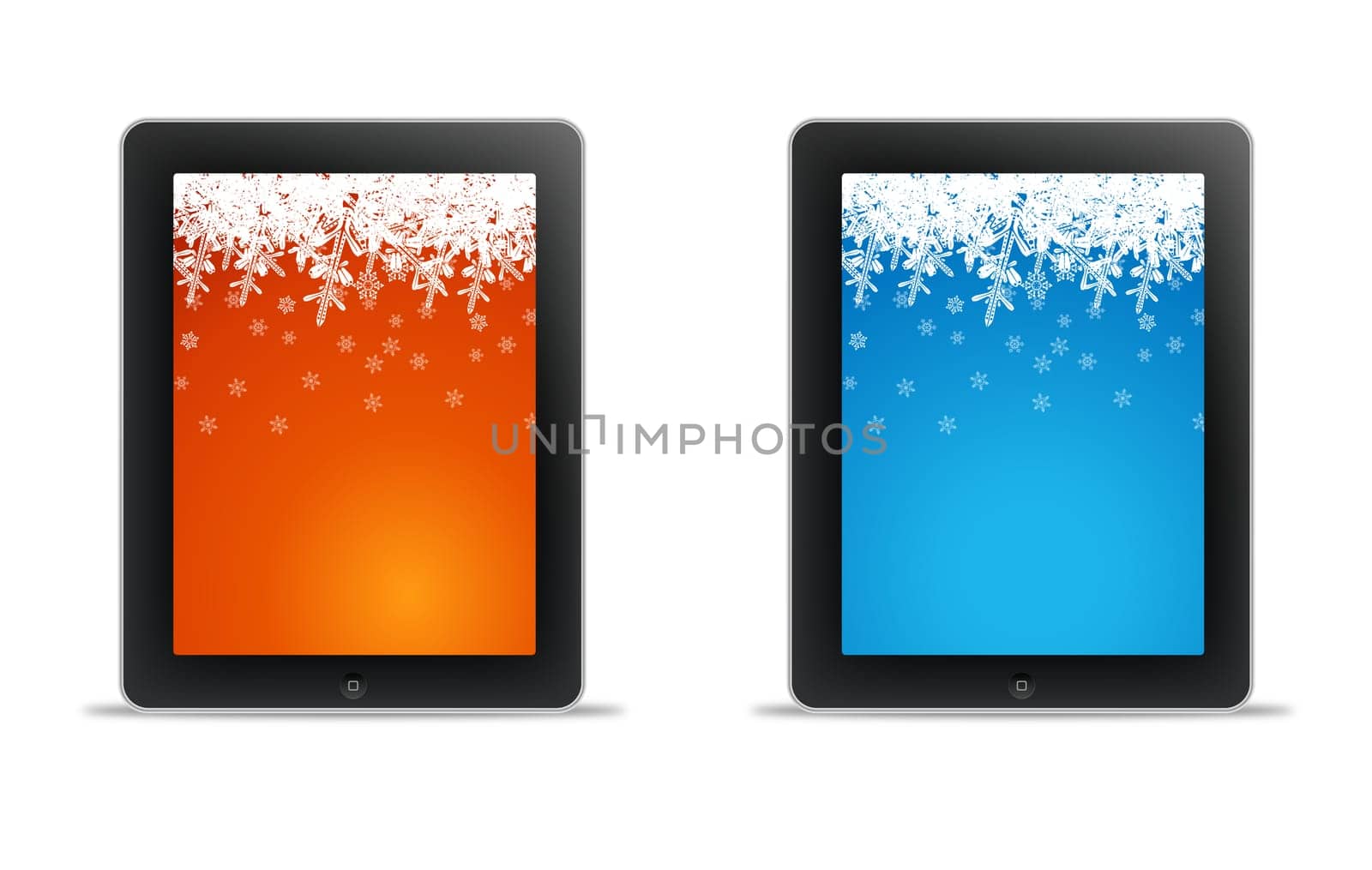 Two tablet computer with orange and blure christmas wallpaper.