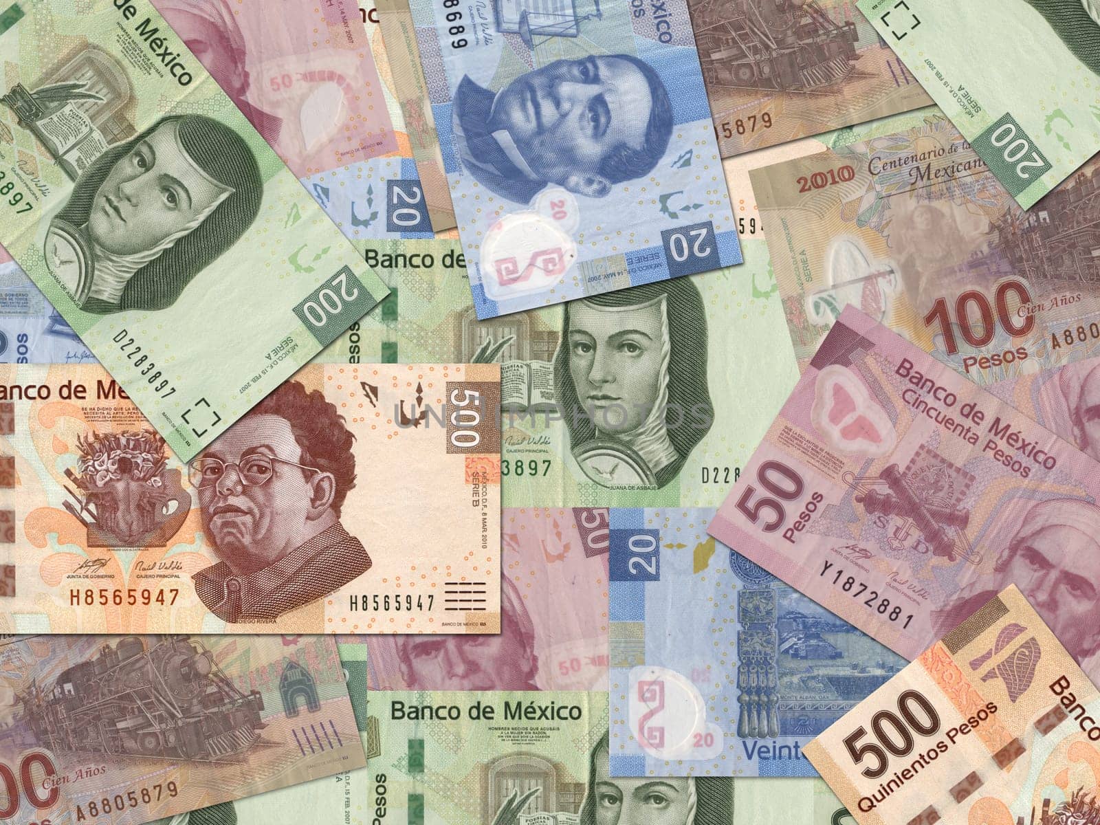 Mexican Peso bills scattered randomly all over.