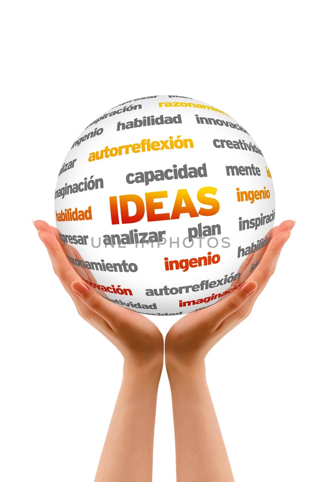 Hands holding a 3D Ideas Word Sphere on white background.