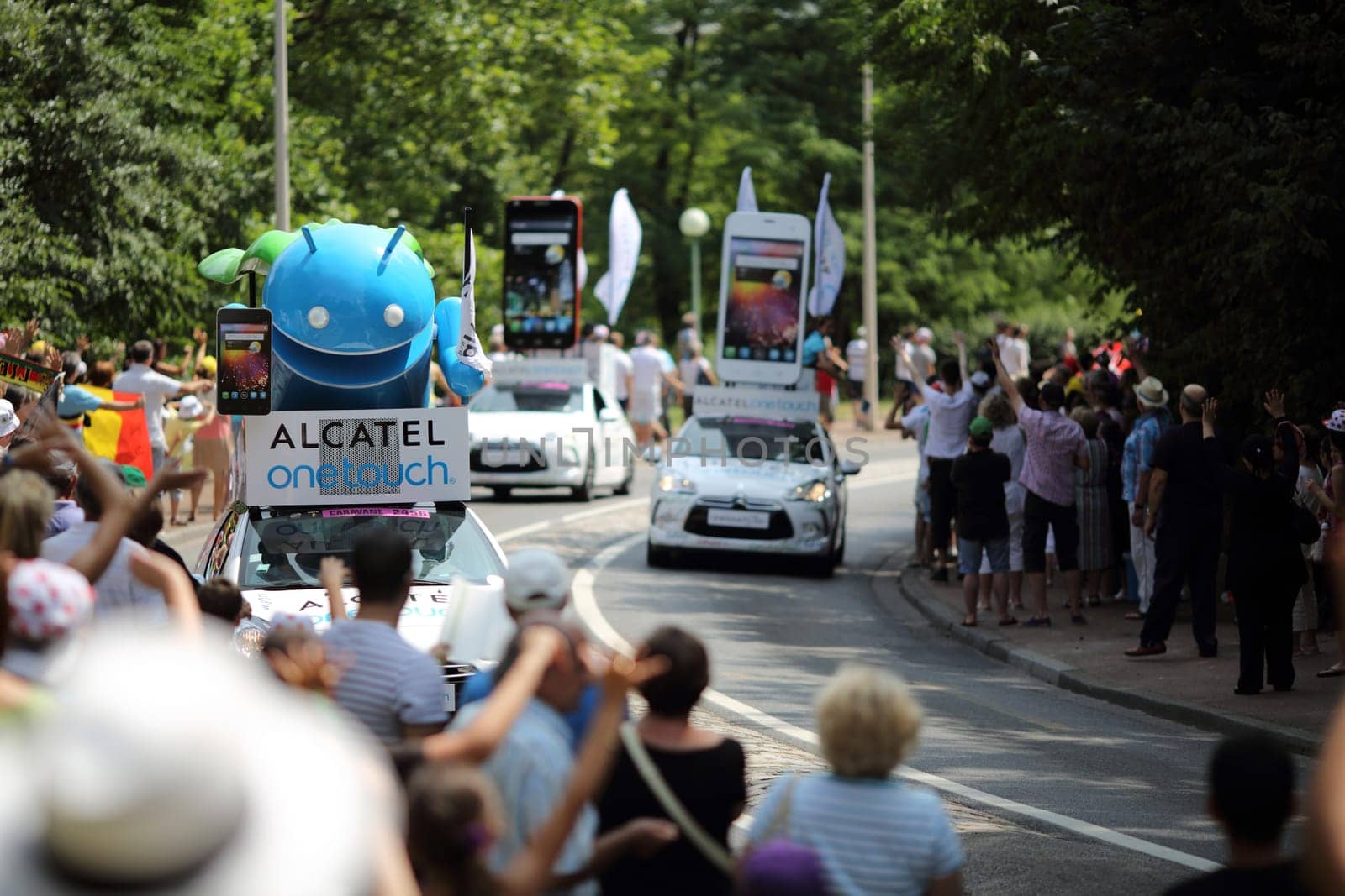 Lyon, France. July 13, 2013. Details of the advertising caravan of the stage 14 of the famous race Tour de France 2013.