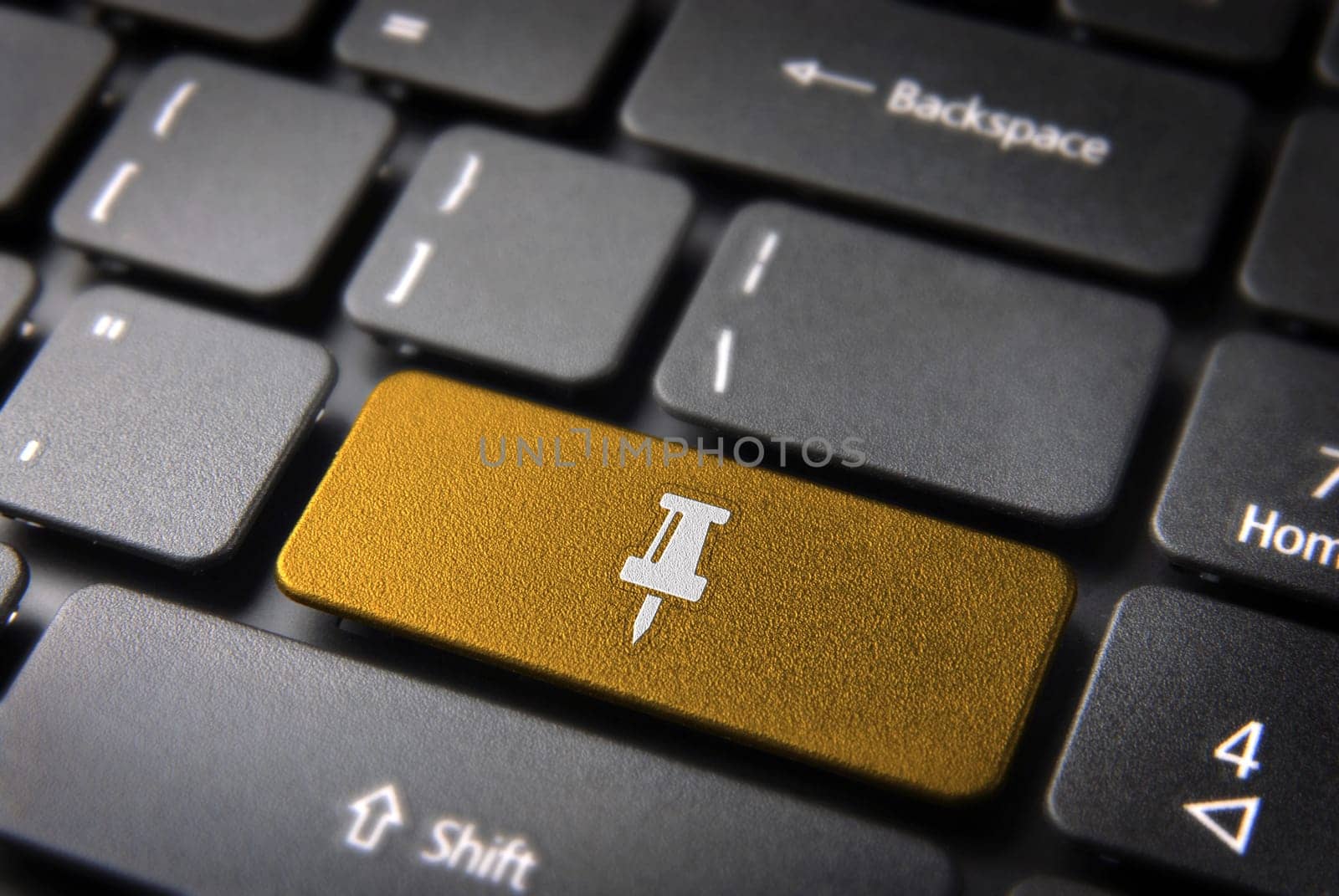 Paper pin key icon on laptop keyboard. Included clipping path, so you can easily edit it.