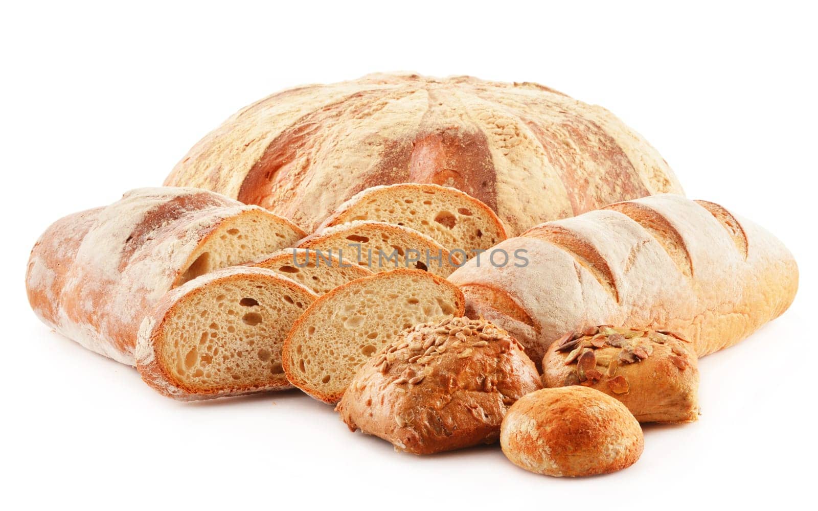 Composition with loafs of bread isolated on white background